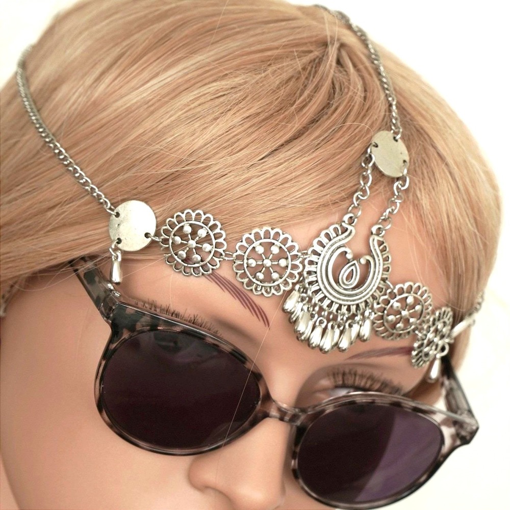 Boho Silver Tone Filigree Floral Head Chain Jewelry Festival Forehead‎ Piece